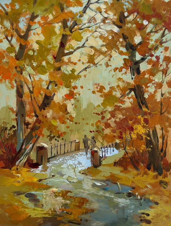 Image 1 of Origineel olieverfschilderij: Herfstboslandschap met gevallen bladeren in een herfstpark.