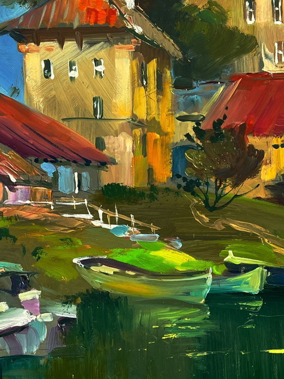 Image 1 of Peinture à l'huile originale, paysage rural estival, village riverain, quai de bateau