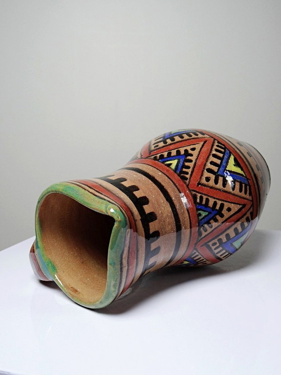 Image 1 of Small Moroccan glazed terracotta pitcher, signed, Berber decoration, 20th century
