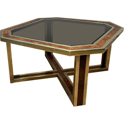 Mesa de centro vintage octogonal de nogal veteado y latón, 1970