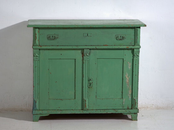 Central European chest of drawers with original green paint – Tyrol, circa 1890 – Brass, Rustic (photo 32 of 40)