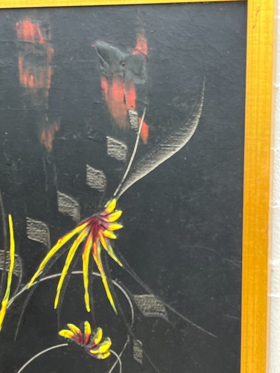 Image 1 of Vintage painting by S. Dewael, 1974, floral composition on a black background