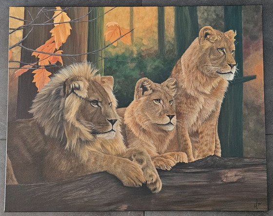 Image 1 of Large handmade acrylic painting of lions "Lion's Harmony"