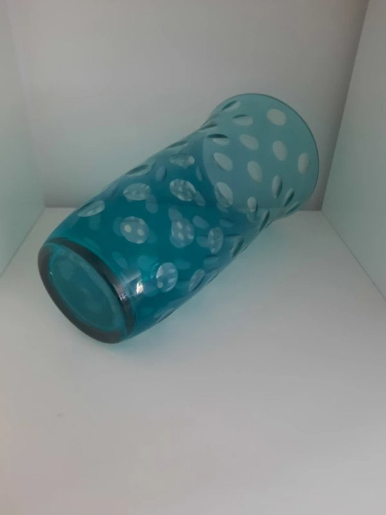 Image 1 of Vase vintage en verre d'art à pois turquoise – Charme bohème du milieu du siècle !