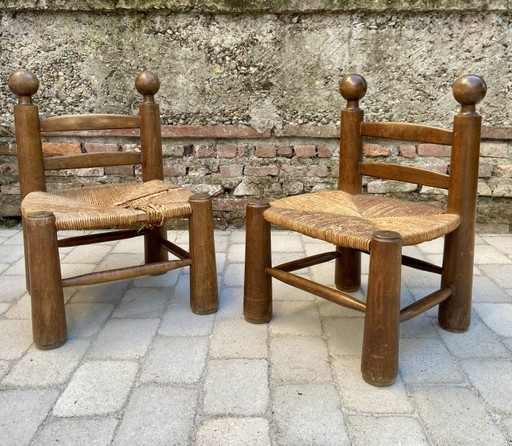 Exceptional Pair of French Brutalist Chairs in the Manner of Charles Dudouyt, 1940s – Sculptural Solid Wood & Straw Seats