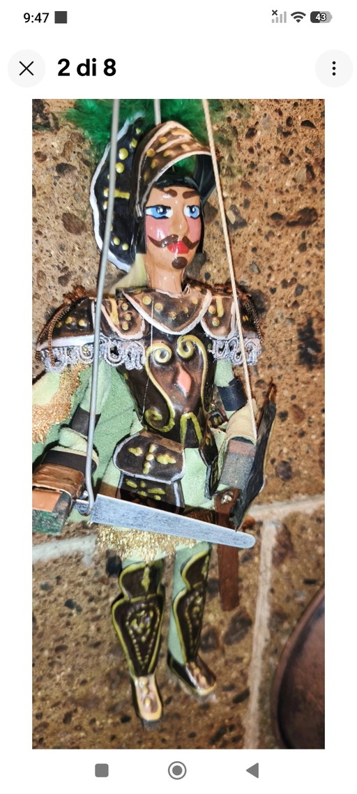 Orlando Pupo Marioneta Siciliana Vintage 28cm – decoratieve objecten, Metal, Textile