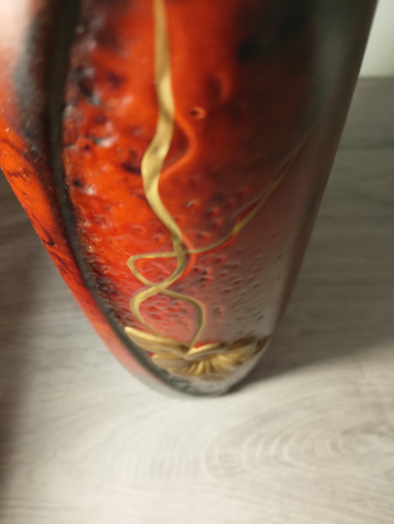 Image 1 of Rare Montjoye roll vase, manufactured by Legras, Art Nouveau style, enameled and gilded, with a wavy neck