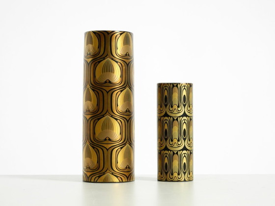 Image 1 of Two beautiful 1970s porcelain vases by Björn Wiinblad for Rosenthal Studio-Linie. Abstract peacock feathers in gold and black