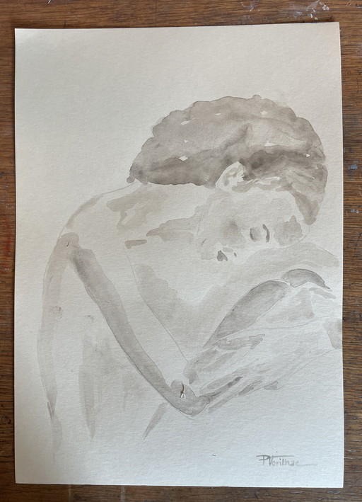 Sepia Watercolor Portrait of a Woman "La Penseuse" (The Thinker)