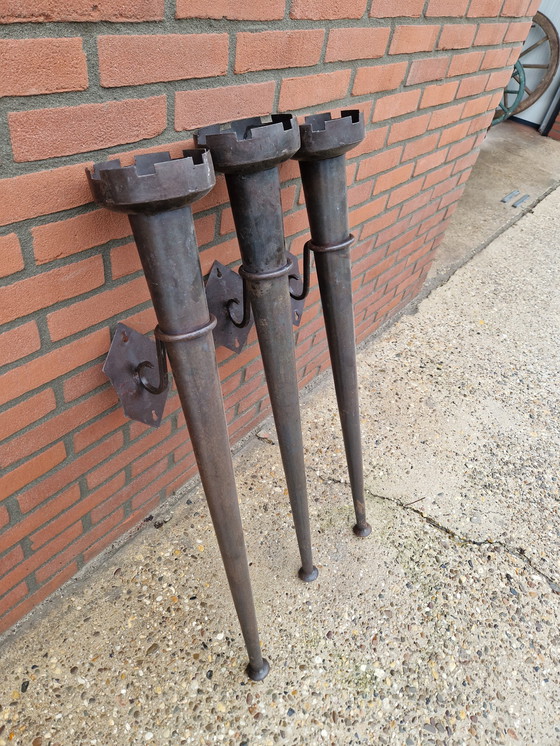 Image 1 of 3 large metal castle candlesticks set
