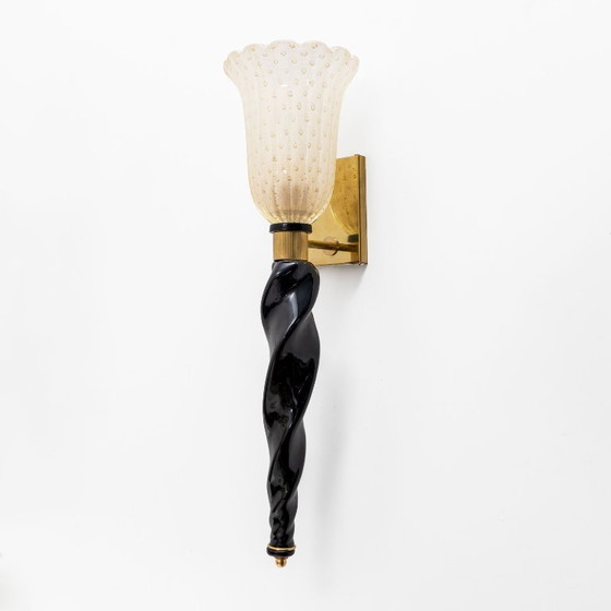Image 1 of Pair of Italian Murano Glass Wall Sconces with Gold Dust Inclusions and Brass