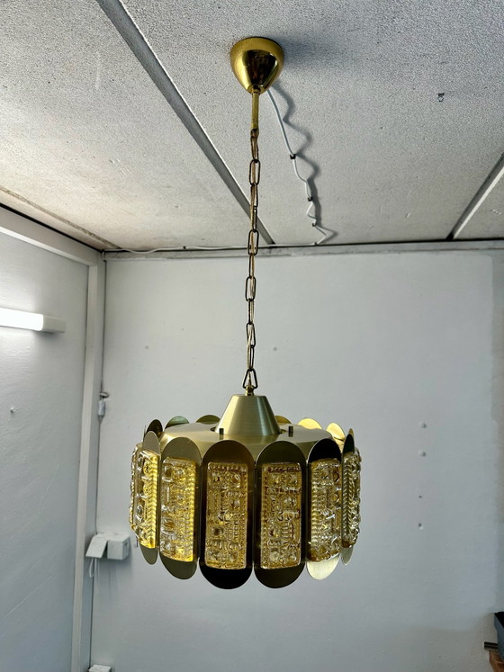 Lampada a Sospensione Plafoniera Vintage Vitrika Vetro Ghiaccio Anni '60 Danimarca, Plafoniere, Metallo (foto 14 di 14)