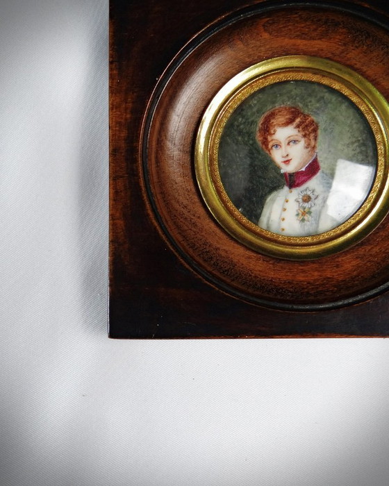 Image 1 of Ritratto miniatura Tondo Napoleone II ufficiale dipinto a mano a guazzo XIX secolo