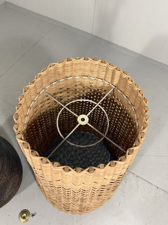 Image 1 of Large pottery floor lamp with rattan shade 1960's