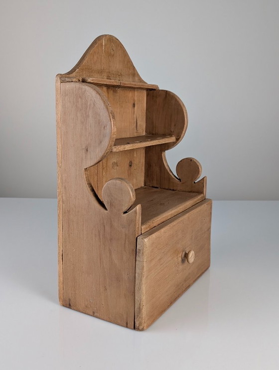 Image 1 of Hand-Carved Folk Art Pine Cutlery Rack with Drawer, 1950s