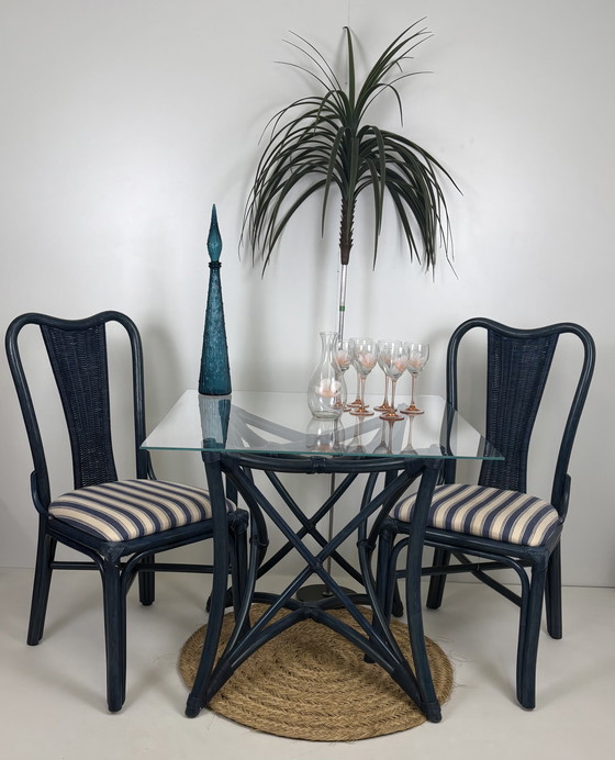 Image 1 of Vintage set eighties manou bamboo chairs dining table top glass