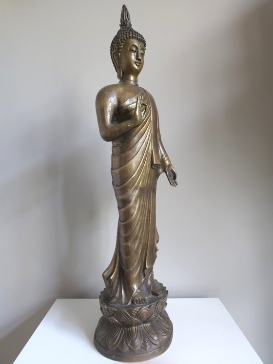 Antique Standing Bronze Thai Buddha (70 cm) – Vitarka Mudra – Sculpture (photo 5 of 9)
