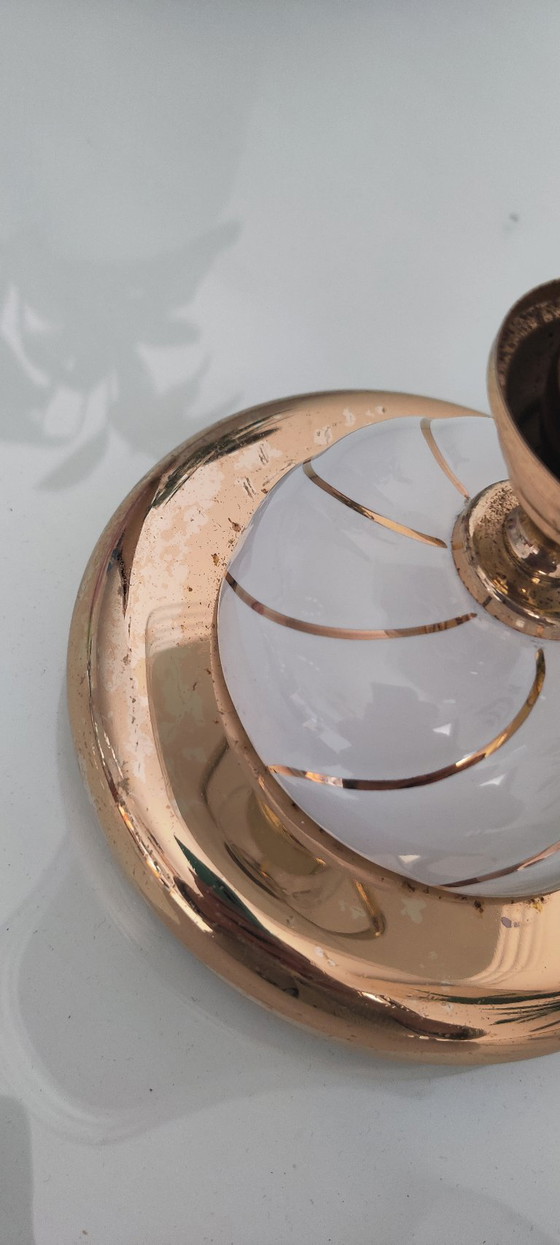 Image 1 of Vintage Hollywood Regency Table Lamps, Set of 2, Wavy Ribbed Opaline Glass, White and Gold Retro Bedside Lighting