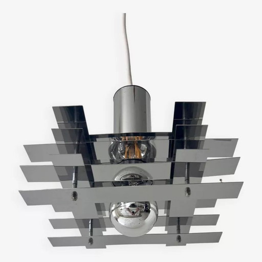 Lampadario geometrico vintage, metallo cromato, Francia 1960