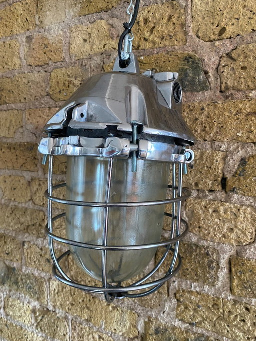Large Industrial Cast Aluminium Cage Pendant Polish from Polam Wilkasy, 1970s ---- Explosion Proof Light 