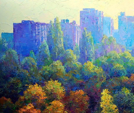 Dipinto a olio originale Paesaggio urbano Parco naturale Mattina in città – Dipinti e disegni, Canvas (photo 4 of 7)