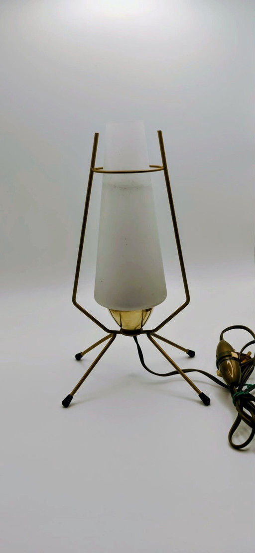 Vintage 1950 Arlus Tischlampe / Dreibein vergoldetes Metall und Opalglas