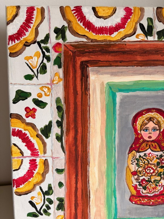 Image 1 of Uniek Handgeschilderd Matroesjka Doll Schilderij - 40x50 cm