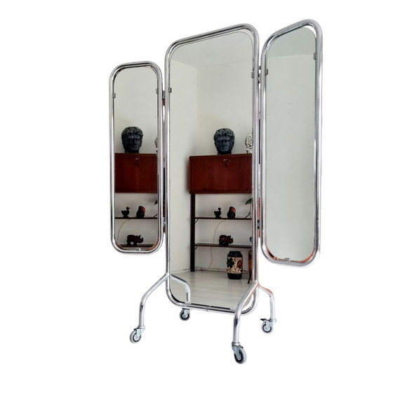Image 1 of Rare Chrome Tubular Mirror On Wheels