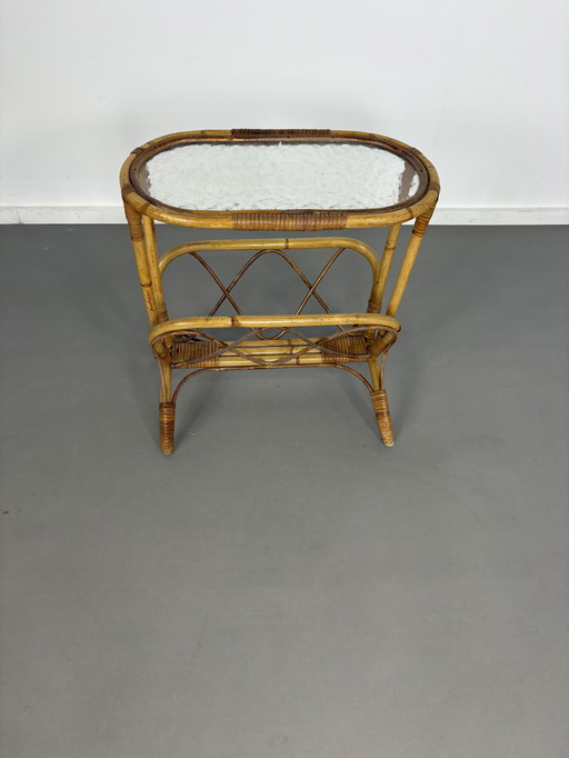 Vintage rotan bijzettafel wolkenglas met lectuurbak jaren’60