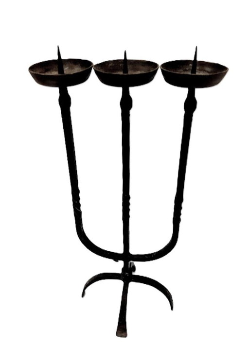 Portacandele triplo grande in ferro battuto antico lavorato a mano