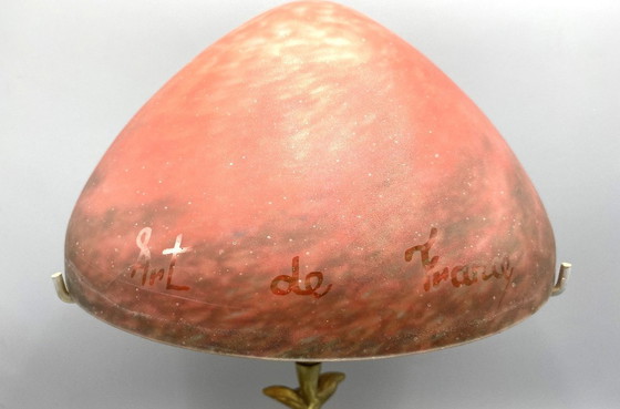 Image 1 of Art Nouveau style brass table lamp with red/black mushroom art de France glass