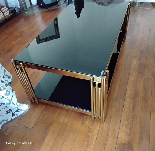 Rechteckiger Couchtisch aus schwarzem Glas und goldenem Metall