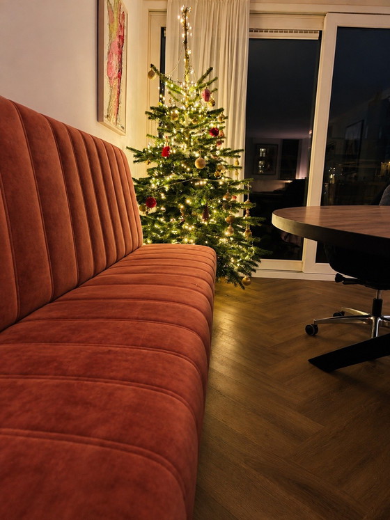 Terracotta dining bench | 230 cm | Design bench, Haco, 3-5 seaters, Metal, Textile, Orange, Modern (photo 6 of 7)