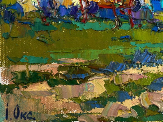 Image 1 of Original Oil Painting Summer House Landscape Beyond the village the path to freedom