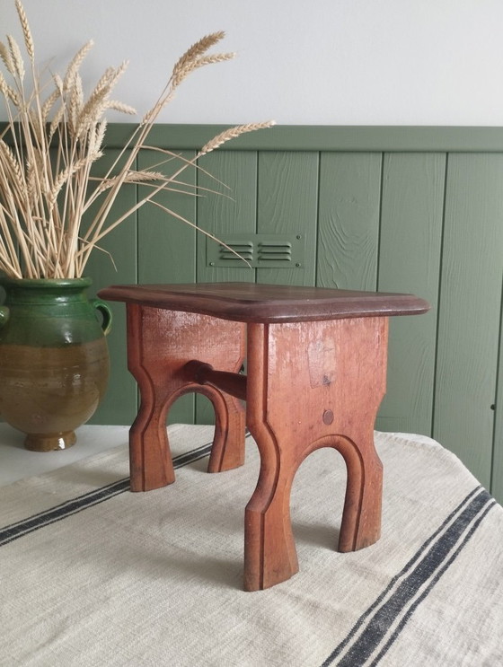 Image 1 of Small antique stool, Le Printemps wooden footrest, vintage plant holder.