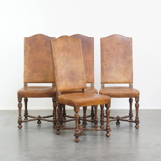 4 x Chaise de salle à manger ancienne en bois et cuir de mouton