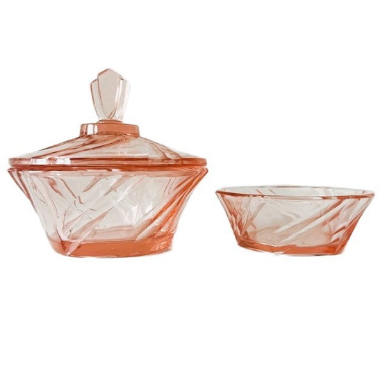 Image 1 of Conjunto Art Déco Rosaline de joyero y cuenco de cristal tallado, rosa, década de 1930