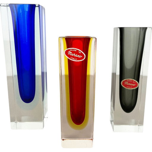Ensemble de 3 vases Sommerso vintage en verre de Murano facetté par Flavio Poli, Italie, années 1970