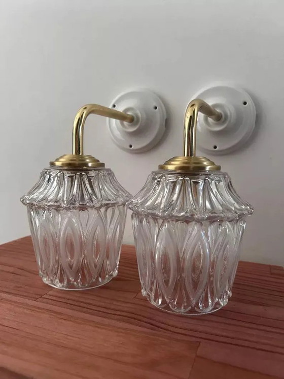 Image 1 of Pair Of Vintage Chiselled Glass Wall Sconces