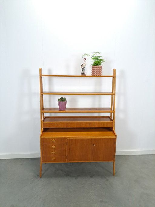 Teak Veneer Cabinet From Sweden With Drawers, Shelf And Extendable Shelf