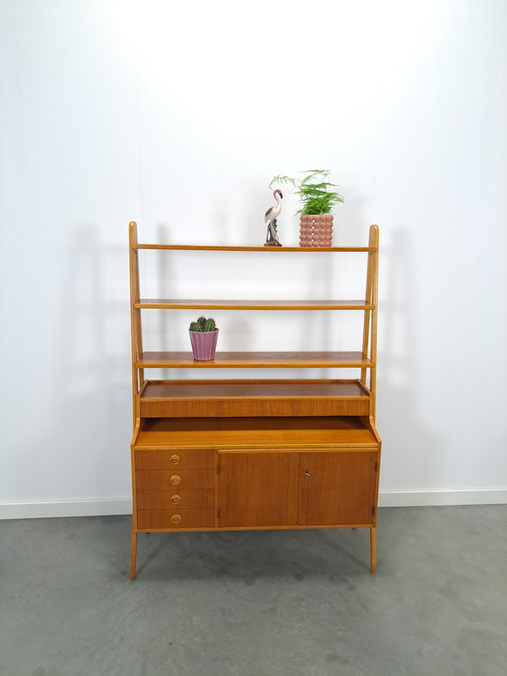 Image 1 of Teak Veneer Cabinet From Sweden With Drawers, Shelf And Extendable Shelf