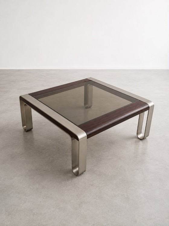 1970s/1980s steel, wood & smoked glass Coffee table, Silver (photo 2 of 5)