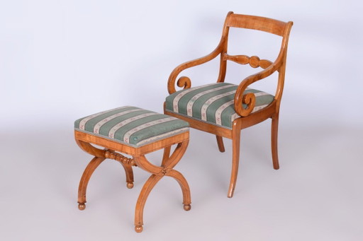 Restored Biedermeier Armchair with Stool, Beech, Oak, Cherry, Austria, 1830s – fauteuils, Textile, Wood
