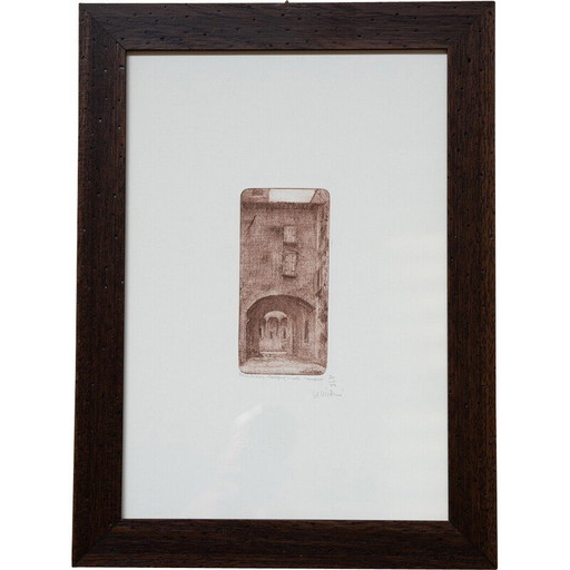 Peinture vintage avec cadre en frêne et verre, 1980