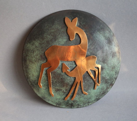 Image 1 of Mid-century heavy round wall painting, copper with green patina, depicting a deer with fawn, 1950s/60s
