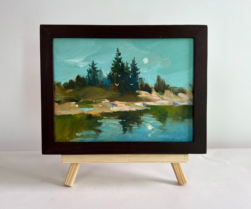 Original Oil Painting Coastal Forest Landscape Forest in the reflection of the river