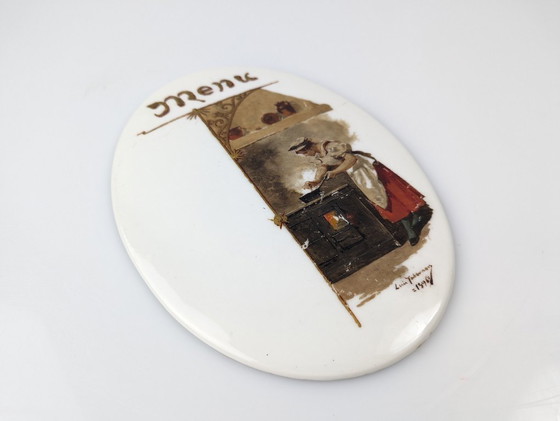 Image 1 of Luis Taberner olie op porseleinen menuplaquette Madrid 1896