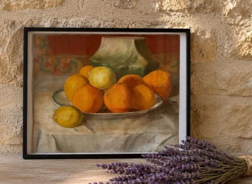 Natura morta antica dipinta a pastello con agrumi.