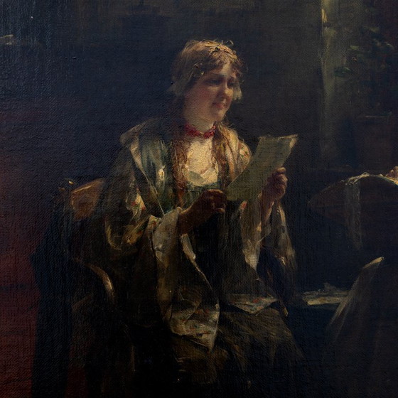 Image 1 of Edward Portielje "La lettre", peinture à l'huile flamande du 19e siècle représentant deux dames
