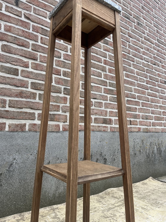 Image 1 of Vintage tall greyed oak plant column pedestal, base in sleek Amsterdam School style